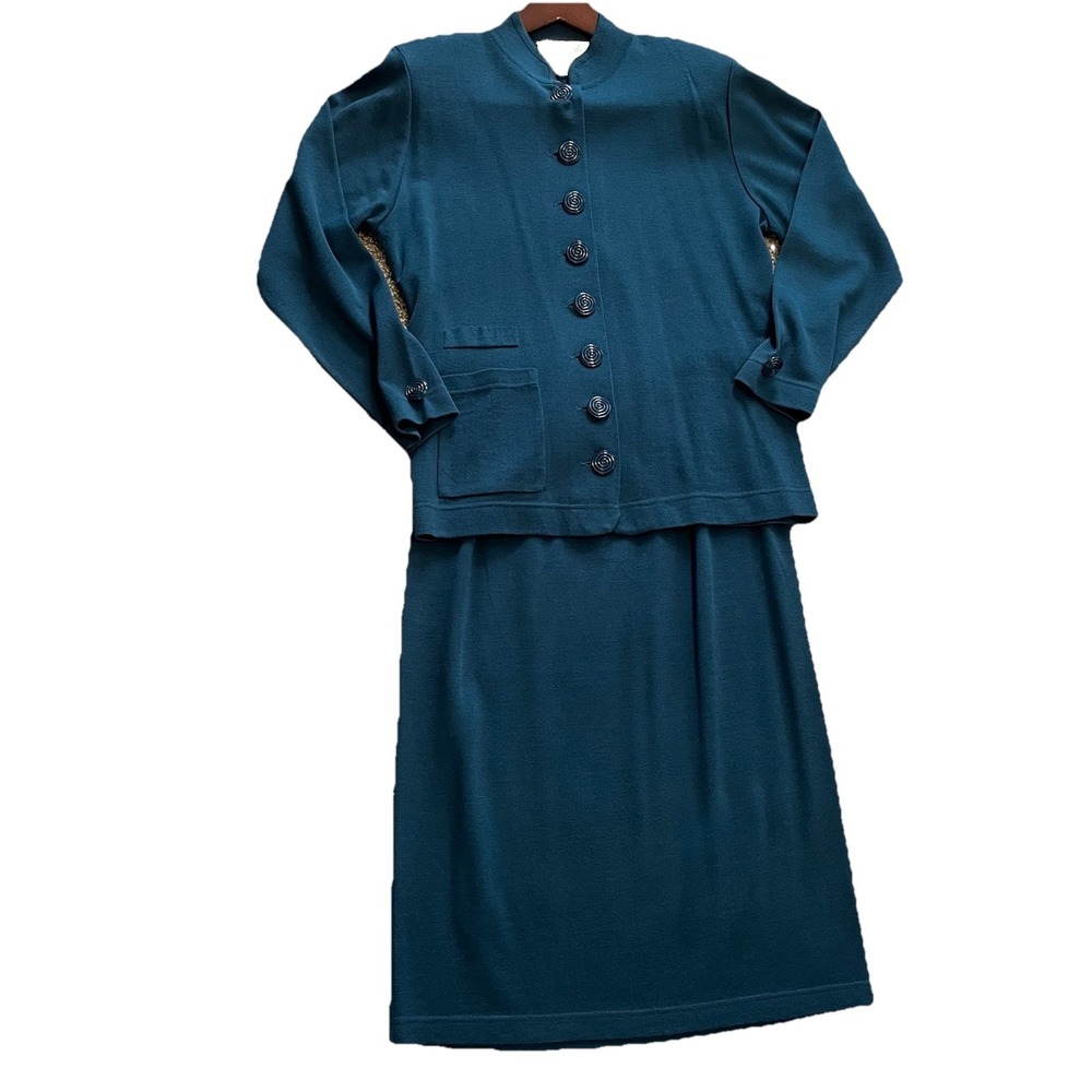Vtg Schrader Knit Wool Blend‎ Suit Women's 12 Teal Bluegreen Midi Quiet Luxury